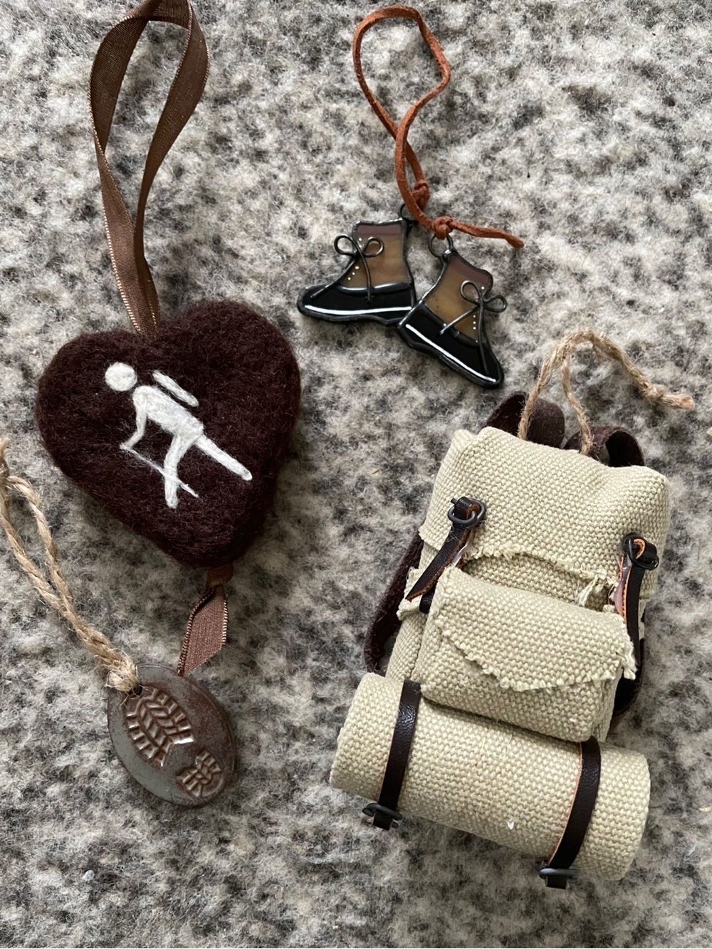 Hiking Outdoorsman Ornaments • Stained Glass, Wool felt, Ceramic, Suede & Canvas